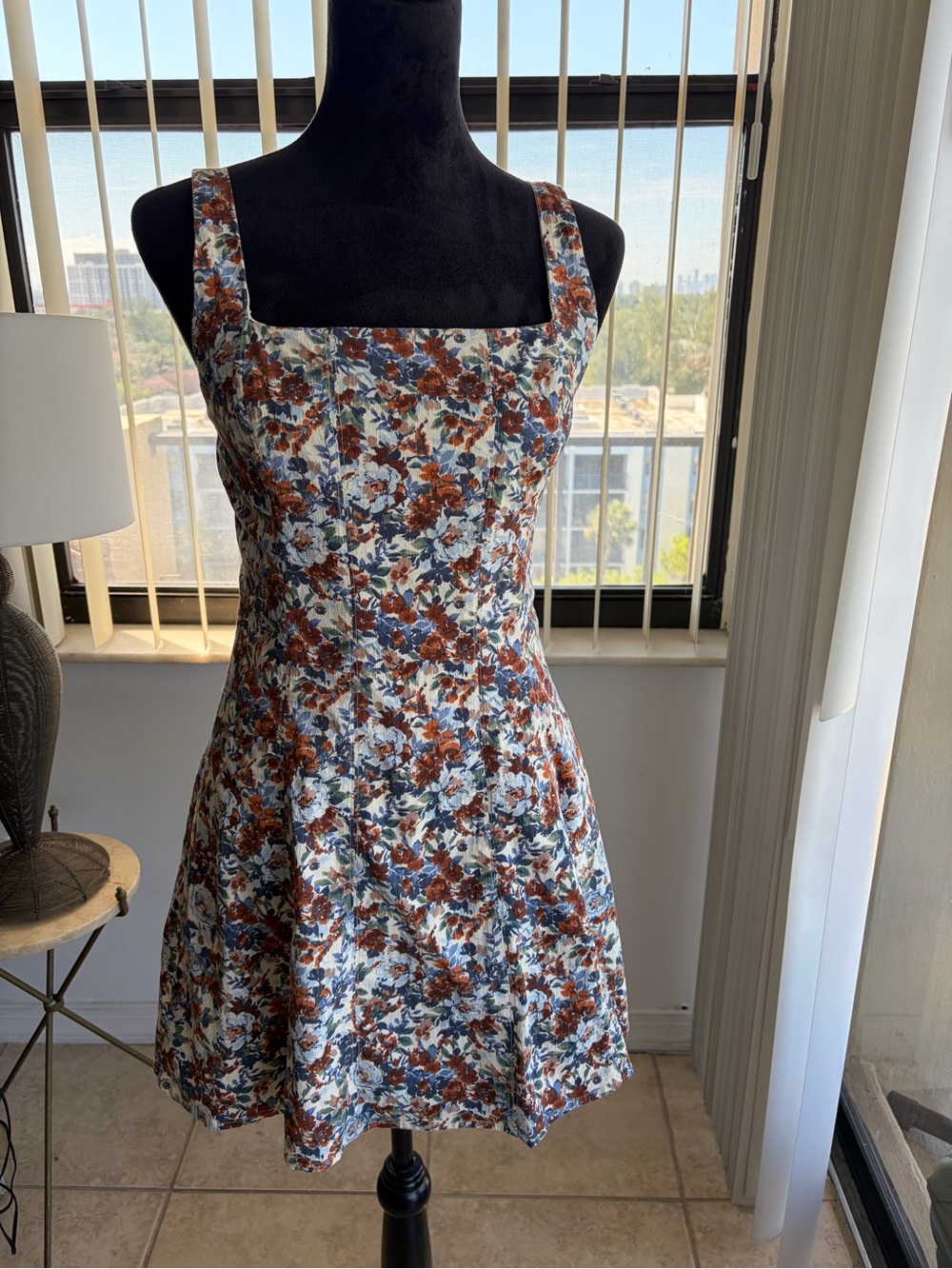 Abercrombie Fitch Floral Corset Mini Dress Size Medium Rust Blue Tapestry Print